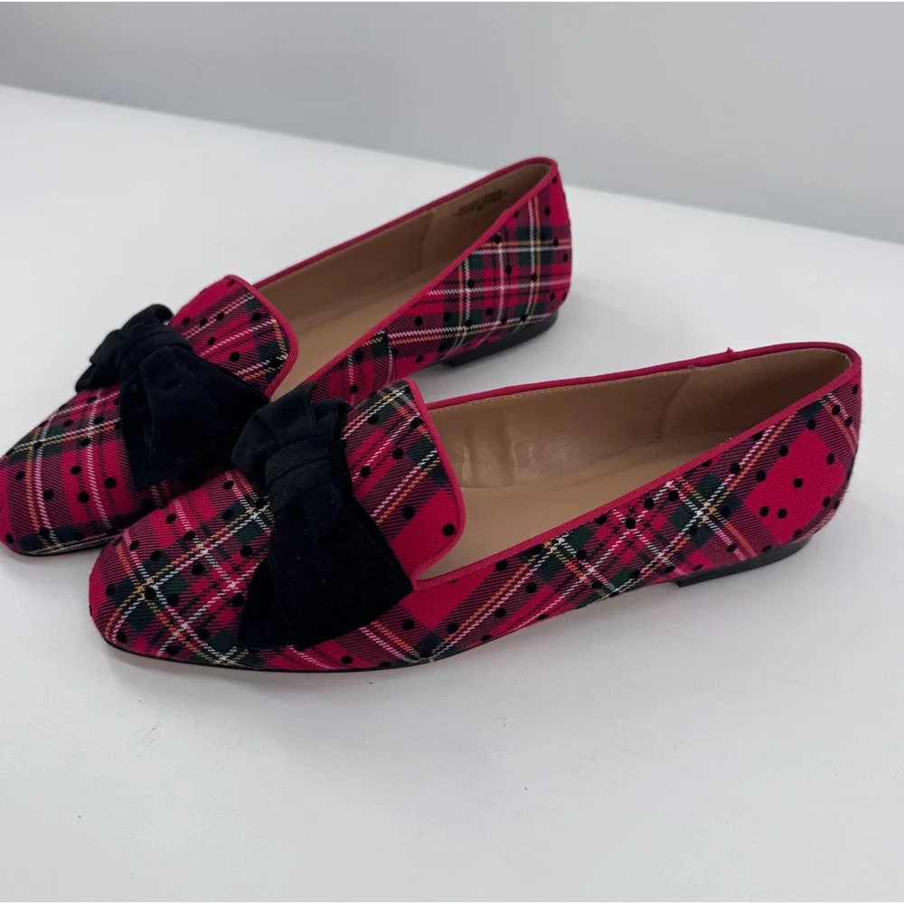 Talbots Ryan Loafers Women 9M Red Plaid Polka Dot Velvet Bow Flat Shoes